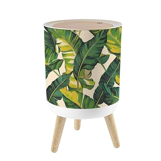 Small Trash Can with Lid Tropical Palm Leaves Jungle Leaf Seamless Floral Pattern 1.8 Gallon/7L Garbage Can Waste Bin with Press Top Lid Wood Legs Wastebasket for Bathroom Kitchen Bedroom