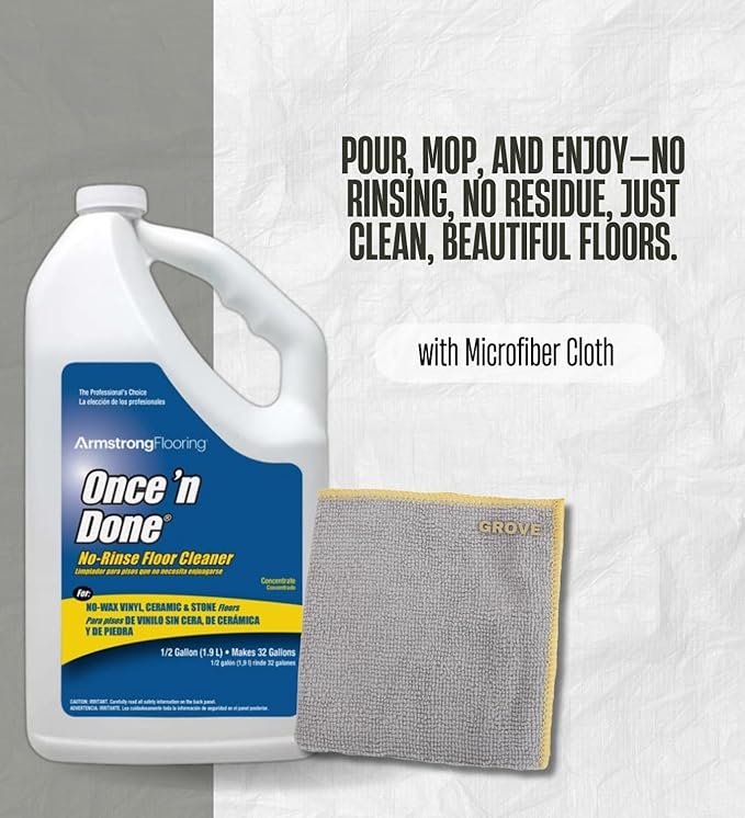Armstrong Once'N Done Floor Cleaner Liquid 64 oz Bundle with Microfiber Cloth – Multi-Surface Floor Cleaner for Vinyl Laminate Tile and More – Gift Set (3 Items)
