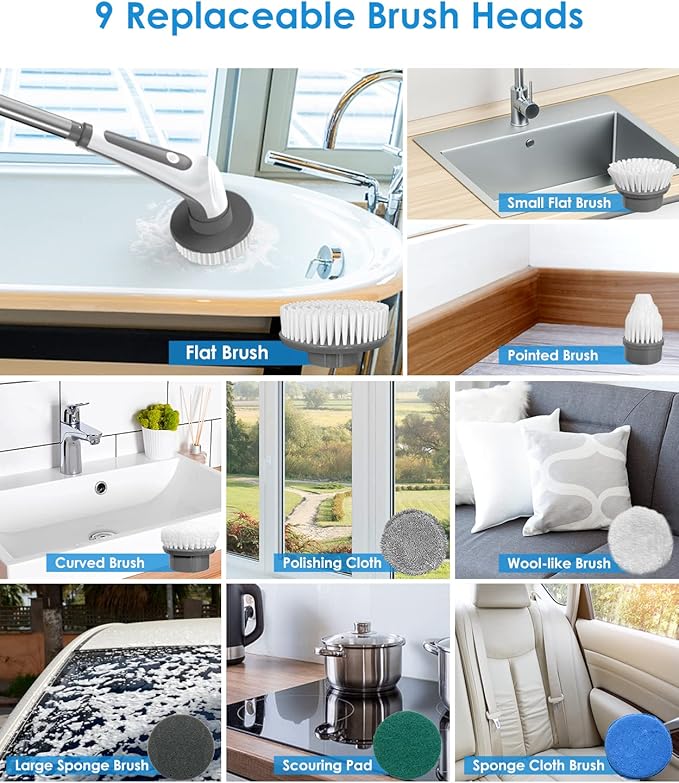 Electric Spin Scrubber 10 in 1 Airpher Cordless Cleaning Brush IPX8 with 9 Replaceable Brush Heads and 4 Tier Removable Handle Power Shower Scrubber for Bathroom Tub Tile Floor Kitchen Window
