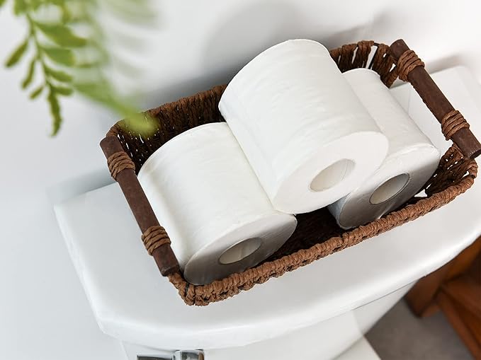 StorageWorks Handwoven Small Wicker Baskets Round Paper Rope Storage Baskets with Wooden Handles Dark Brown 2-Pack