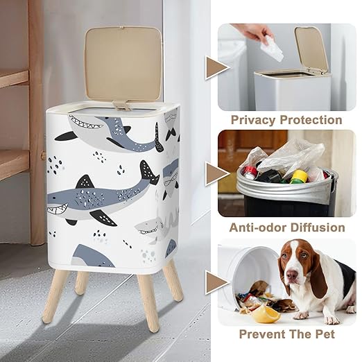 Small Trash Can with Lid seamless pattern cute sharks white Funny smiling sharks Sea ocean sea 2.6 Gallon/10L Garbage Can Waste Bin with Pop-Up Lid Wood Legs Wastebasket for Bathroom Kitchen Bedroom