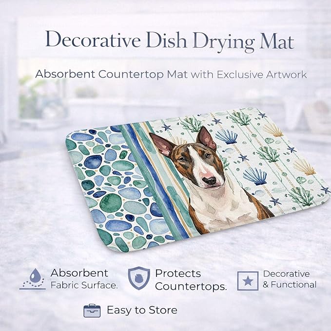 Caroline's Treasures Brindle and White Bull Terrier Coastal Sea Glass Dish Drying Mat Absorbent Dish Drying Mat Pad for Kitchen Counter Dish Drainer Mat for Countertop 14 x 21 Multicolor