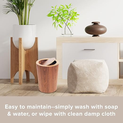 Modern Round Trash Can with Lid - Wood Grain Waste Basket in Walnut - 9.25x7.5x11.8 Swing Top Small Trash Can - Decorative Small Garbage Can for Bedroom Living Room Office &amp Bathroom