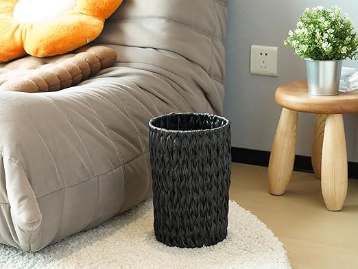 Wicker Trash CanSmall Trash CanHandwoven Waterproof Wicker Trash BasketRound Garbage CanCompact Waste Basket for BathroomBedroomOffice2 Gallon Black