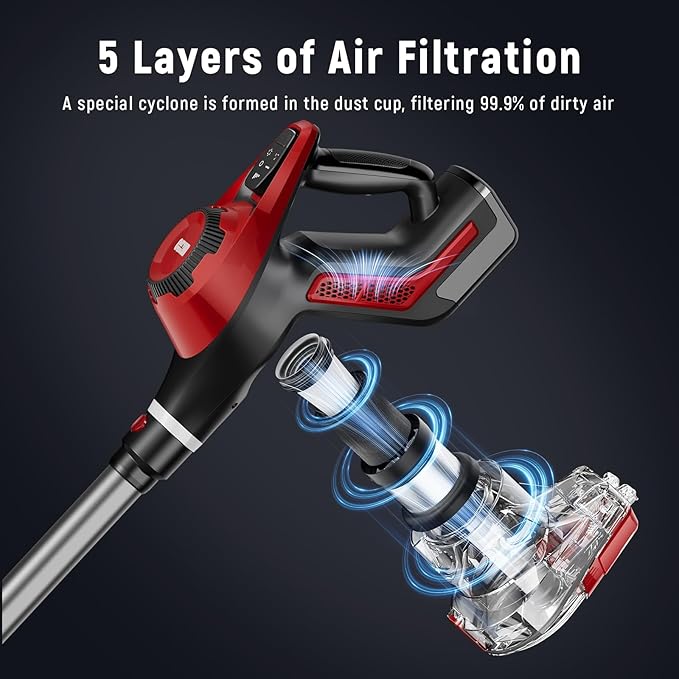 Cordless Vacuum Cleaner for Home Stick Vacuum 40Kpa Smart Display &amp 1.5L Dust Cup MAX 40mins Runtime Rechargeable Lightweight Handheld Vavuum for Pet Hair/Carpet/Hardwood Floor/Car (Crimson)
