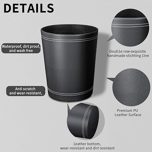 3 Pack Black Round PU Leather WastebasketTrash BasketSmall Trash Can Wastepaper Baskets Garbage Can Container Bins for BathroomsHome DecorativeOfficesKids RoomsBedroom (Black)