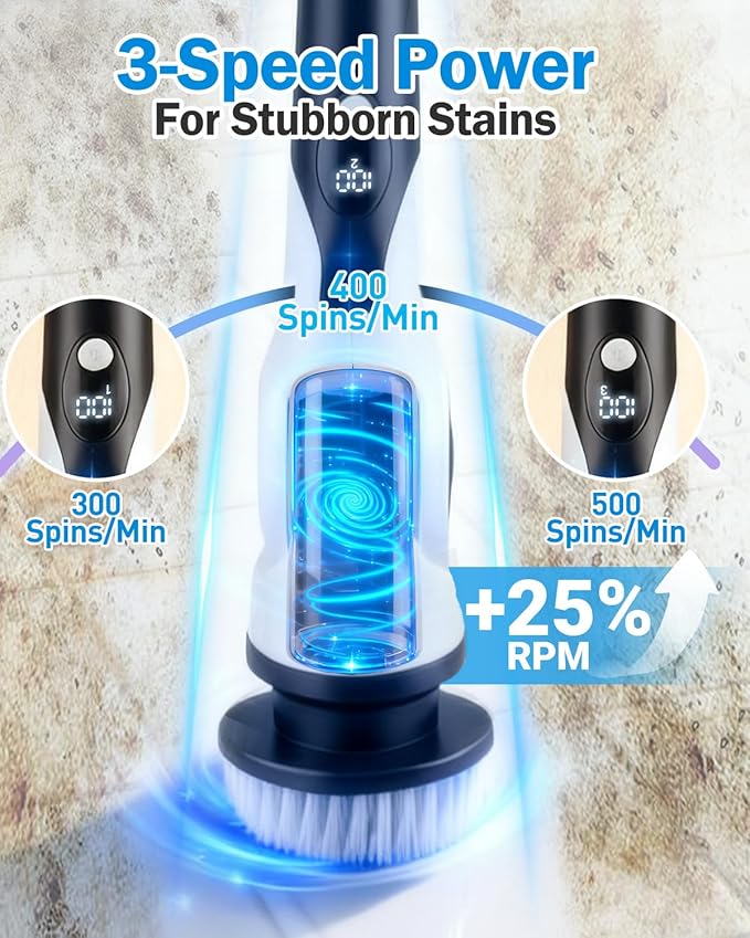 Electric Spin Scrubber 3-Speed Cordless Shower Scrubber with 90° Adjustable &amp 10 Replaceable Brush Heads 90 Mins Runtime &amp Full-Body IPX7 Waterproof Shower Cleaner Brush with Long Handle