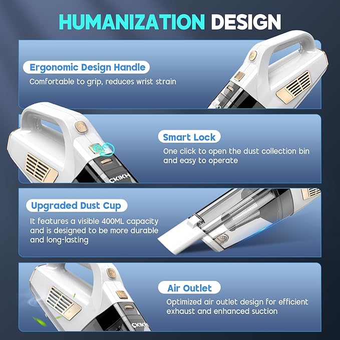 Handheld Vacuum Cordless 15000PA Strong Suction Hand Held Car Vacuum Cleaner Portable with Multi-Nozzles &amp Washable Filter Lightweight Dust Busters Rechargeable for Home Car Office Pets