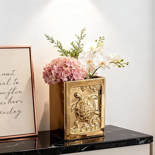 Golden Ceramic Turtle Trash Can - 7L/1.85Gallon Square Garbage Can with Turtle Relief Multi-Use Waste Basket for Kitchen Bathroom Bedroom Office Turtle Decor &amp Small Trash Bin