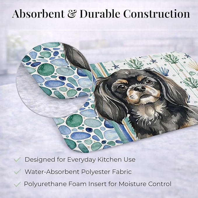 Caroline's Treasures Black and Tan Tibetan Spaniel Coastal Sea Glass Dish Drying Mat Absorbent Dish Drying Mat Pad for Kitchen Counter Dish Drainer Mat for Countertop 14 x 21 Multicolor