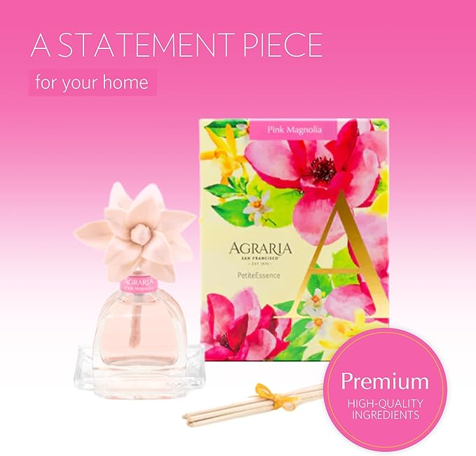 Agraria PetiteEssence 1.7oz Flower and Reed Diffuser Set Hand Crafted Sola Flower Botanical Air Diffusers for Home Magnolia Pink Decorative Diffuser