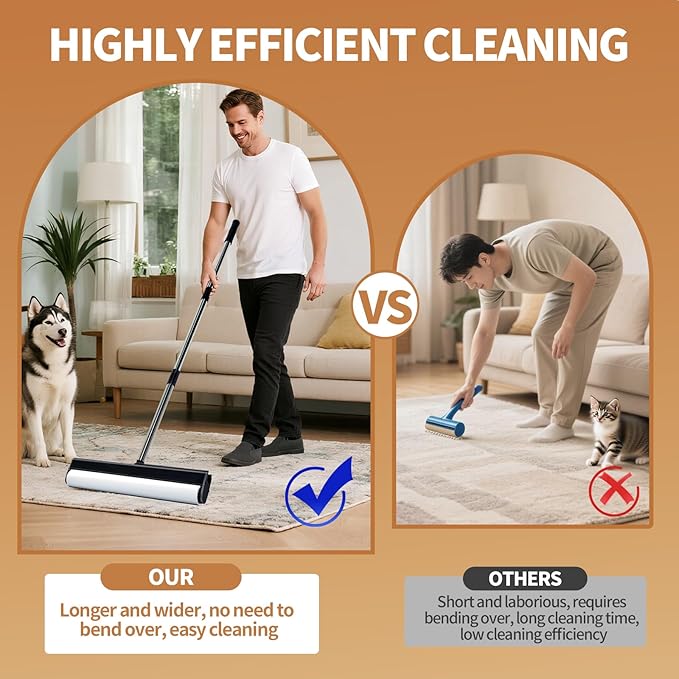 Large Lint Rollers for Carpet 15.74 in Extra Sticky Rollers for Floor with 4 Extendable Handle Long Handle Sticky Mop for Cleaning Carpet Car ClothesDog and Cat Pet Hair Remover with 360 Sheets