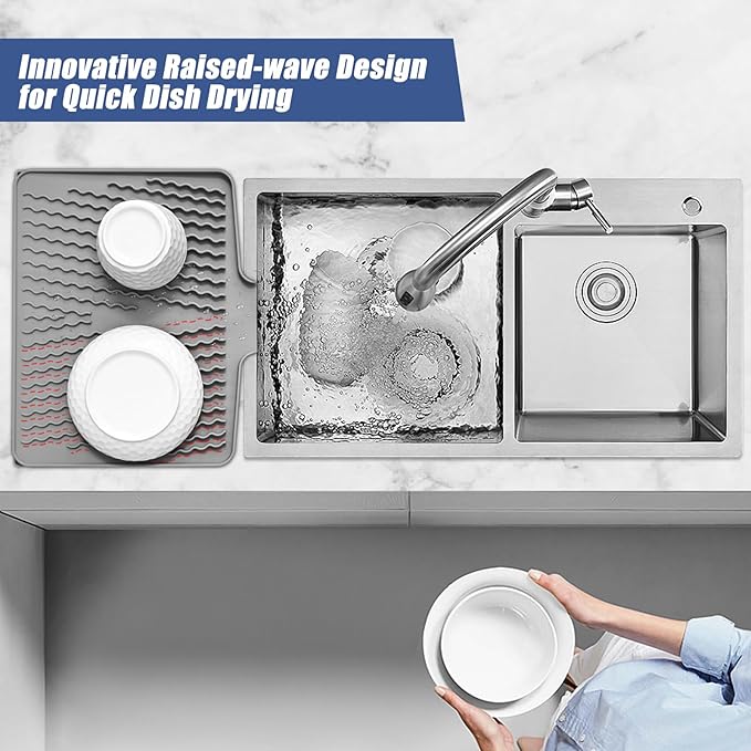 Silicone Dish Drying Mat for Kitchen Counter Heat-resistant Dish Dryer Mat with Built-in Drain Lip Drain Pad Protects Surfaces Prevents Water Build UP