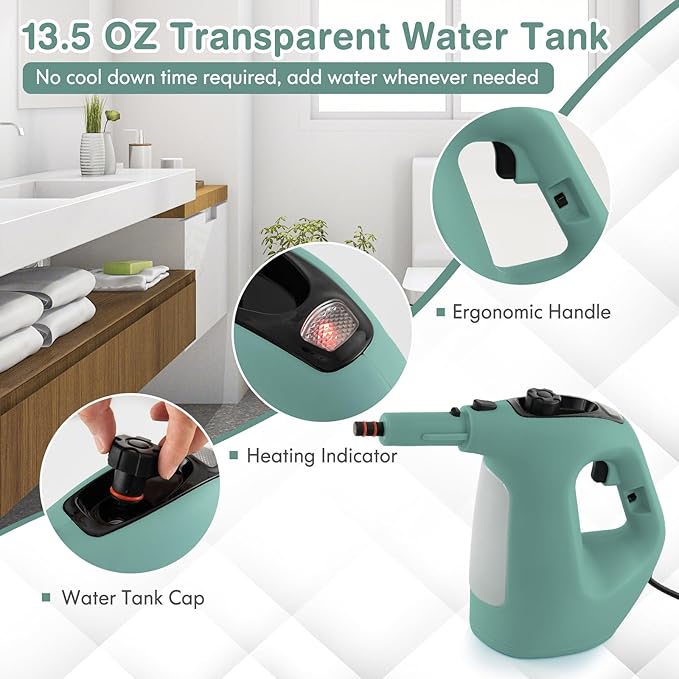 Handheld Steam Cleaner 1400W Pressurized Steamer with 17 Pieces Accessory Set &amp Child Lock Multipurpose Portable Steam Mop for Home Use Floors Windows Cars Sofas (Green)