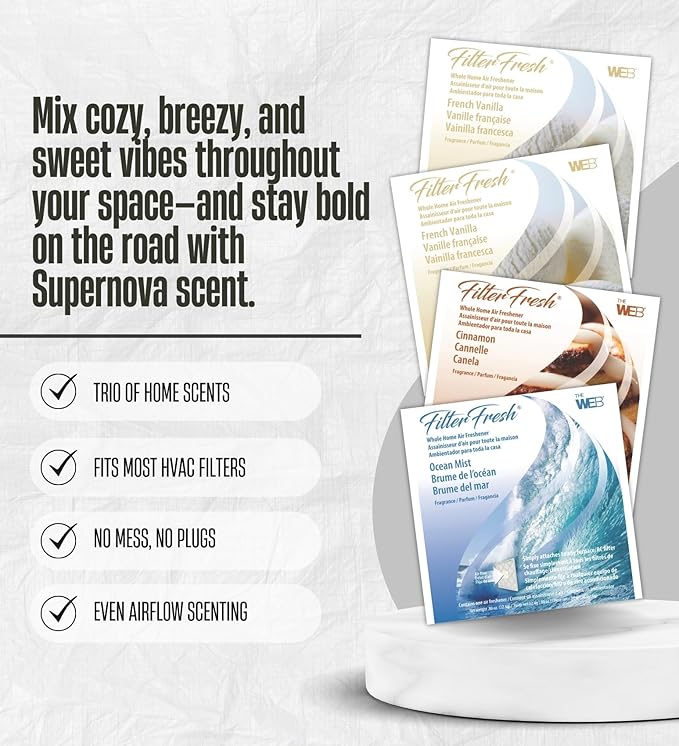 2x Web FilterFresh French Vanilla Ocean Mist and Cinnamon Scent Air Fresheners 0.8 oz Gel Bundle with Car Air Freshener – Attaches to HVAC Filters for Whole Home and Car Use – Gift Set (5 Items)