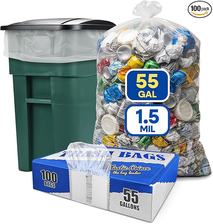 55-60 Gallon Trash Bags 1.5 Mil Fits Rubbermaid Brute Round and Square 32-55 Gallon Rollout Containers 43x47 Trash Can Liners Clear Garbage Bags 55 Gallon Pack of 100