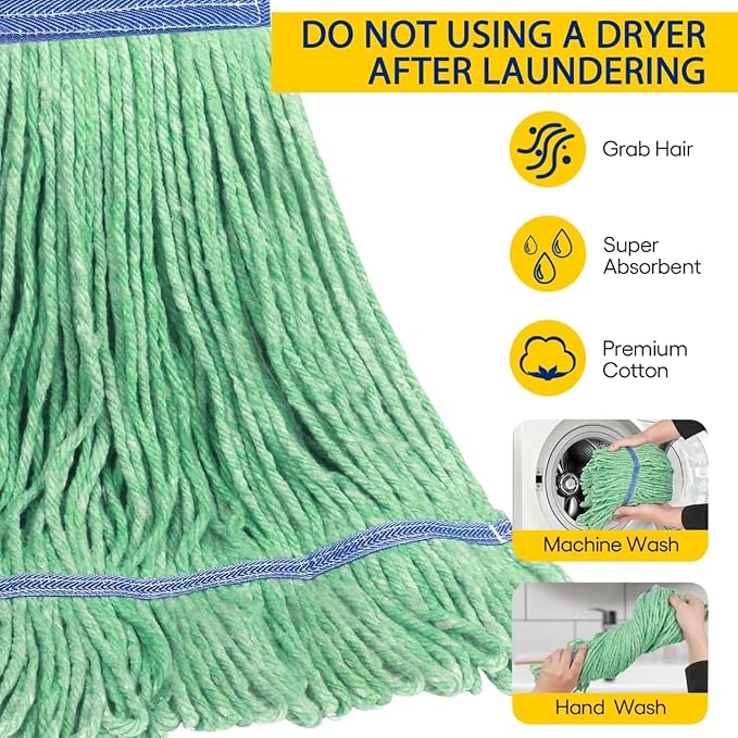 Matthew Cleaning Heavy Duty Mop Head Commercial Replacement for General and Floor Cleaning  Wet Industrial Blue Cotton Looped End String Head Refill (Pack of 6) Green