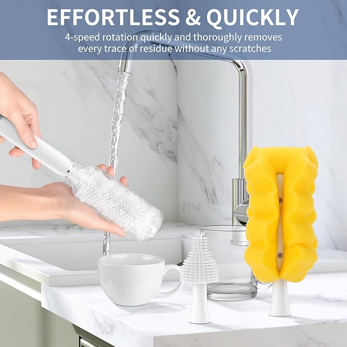 Electric Baby Bottle Brush Set with Rechargeable Electric Bottle Brush Cleaner and Silicone Bottle Brushes and Straw Brush CleanerWaterproof Travel Bottle BrushMagnetic Suction Charging 1800mAh