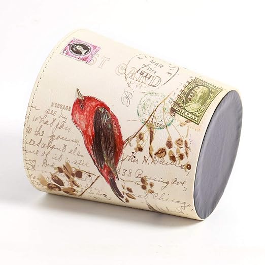 PU Leather Small Trash Can Wastebasket Round Garbage Container Basket for Bathrooms Laundry Room Kitchens Offices Kids Rooms BedroomsDormsHome Decorative Art Bin 2.9 Gallon(Bird Design)