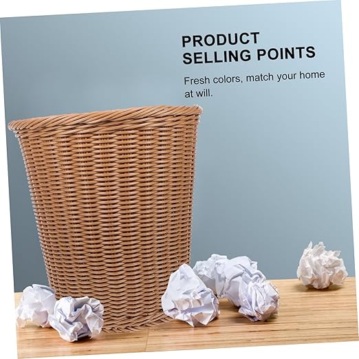 Home Decor Home Decor Waste Basket 1Pc Office Trash Can Simulated Rattan Woven Wastebasket Trash (Beige) Bathroom Office