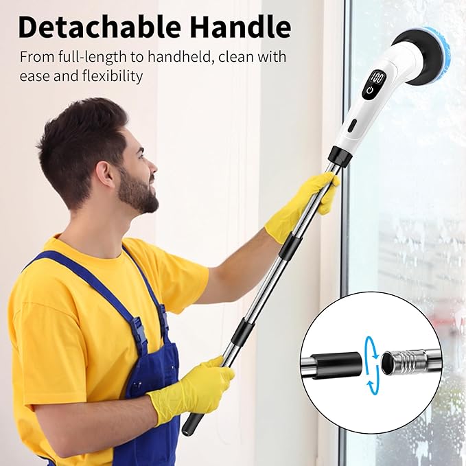 GOXAWEE Electric Spin Scrubber Cordless Cleaning Brush with 8 Replaceable Brush Heads Power Shower Scrubber with Long Handle for Bathroom Tub Tile Floor (White)
