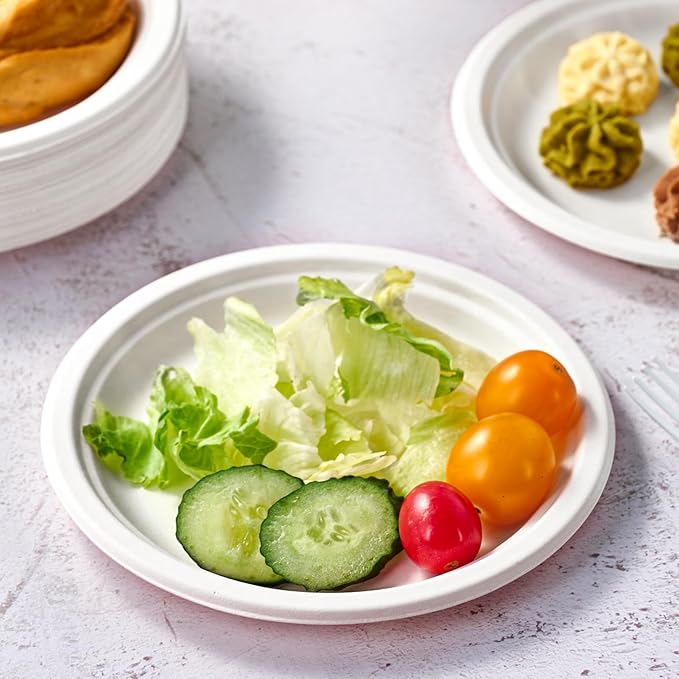 Vplus 350 Pack Paper Plates 7 inch 100% Compostable Heavy-Duty Disposable Paper Plates Bagasse Natural Biodegradable Eco-Friendly Sugarcane(White)