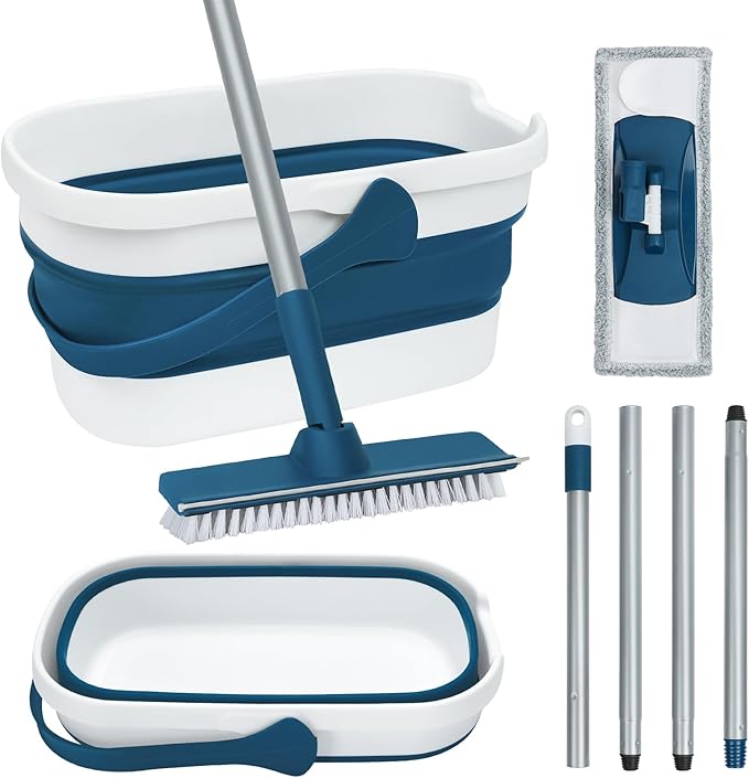 Collapsible Mop and Bucket Set with Scrub Mop and Brush Tile Laminate Hardwood Floor Brush and Flat Mops for Floor Cleaning Foldable Bucket with Washable Microfiber Mop(Blue)