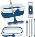 Collapsible Mop and Bucket Set with Scrub Mop and Brush Tile Laminate Hardwood Floor Brush and Flat Mops for Floor Cleaning Foldable Bucket with Washable Microfiber Mop(Blue)