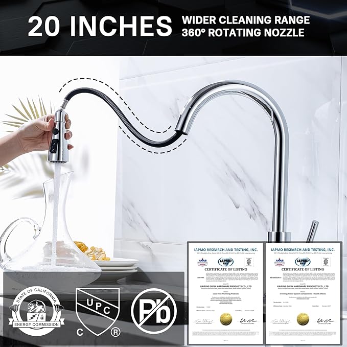 WEWE Sink Faucet Pull Down Kitchen Faucet with Sprayer Low Lead Commercial Modern Stainless Steel rv Farmhouse Kitchen Faucet Single Handle 1 or 3 Hole Kitchen Sink Faucet Polished Chrome