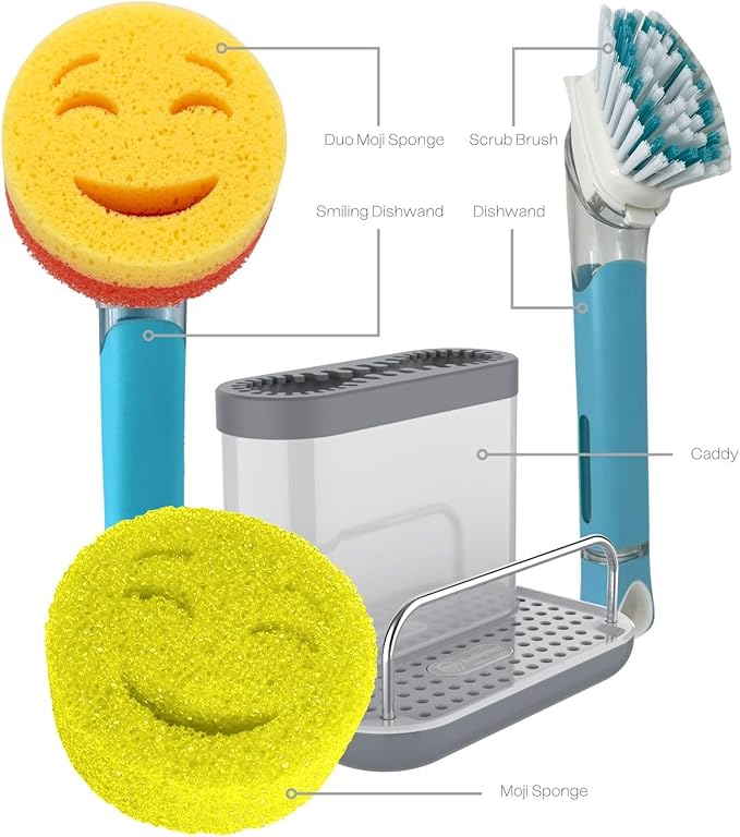 The Original Smiling Sponge Handle Soap Dispensing Handle by Smilyeez for The Smiling Sponge with Smilyeez Caddy &amp Dishwand with 2 Scrub Brushes (Light Blue)