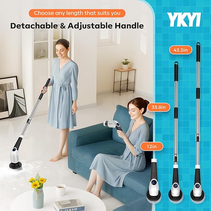 YKYI Electric Spin Scrubber-Cordless Power Scrubber with 8 Brush Heads 3 Speeds &amp Adjustable Long Handle IPX7 Waterproof Shower Cleaning Brush for Bathroom Tile Bathtub Grout Kitchen(Matte Wh