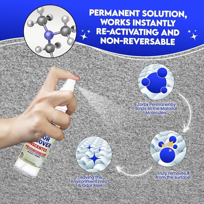 ZORBX Unscented Odor Eliminator for Strong Odor 3 items Bundle: 16 Oz + 7.5 Oz + 2 Oz - Used in Hospitals &amp Healthcare Facilities - Fast-Acting Odor Remover Spray for Dog Cat House &amp Carpet