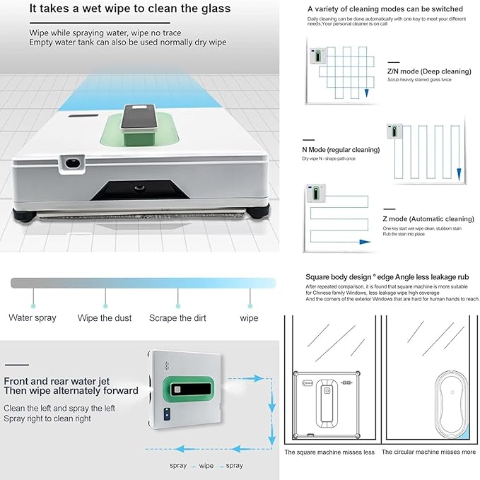 Window Cleaner Robot 50ML Dual Water Tank 3000Pa Strong Suction Smart Window Cleaning RobotRemote Control Robot Window Cleaner Suitable for Outdoor/Indoor High Rise Windows