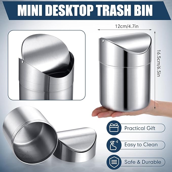 2 Pcs Desk Trash Can with Swing Lids 12 Rolls of Trash Bags 2L Brushed Stainless Steel Countertop Garbage Bin Small Wastebasket with Lid for Office Desk Coffee Table(Silver)