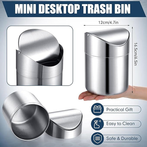 2 Pcs Desk Trash Can with Swing Lids 12 Rolls of Trash Bags 2L Brushed Stainless Steel Countertop Garbage Bin Small Wastebasket with Lid for Office Desk Coffee Table(Silver)
