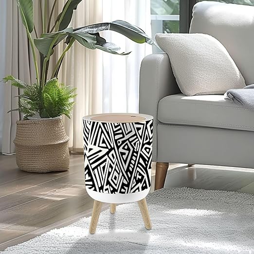 Small Trash Can with Lid Unique Geometric Seamless Pattern ethnic style Aztec textile print 1.8 Gallon/7L Garbage Can Waste Bin with Press Top Lid Wood Legs Wastebasket for Bathroom Kitchen Bedroom