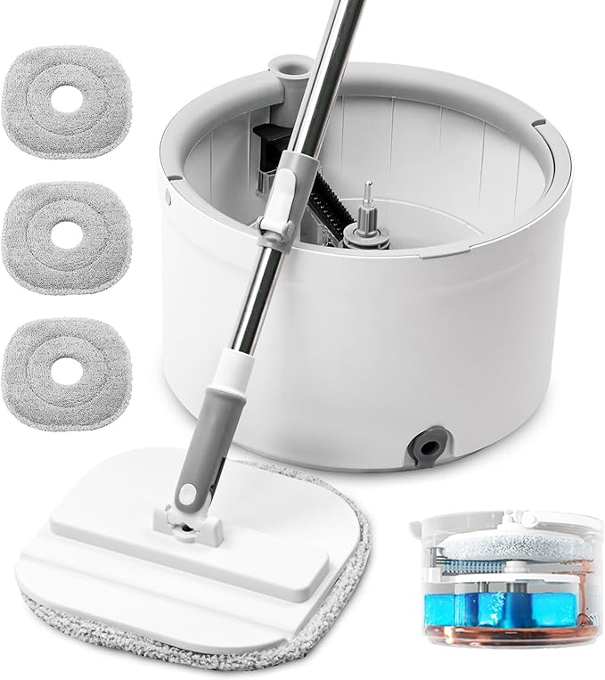 Spin Mop and Bucket with Wringer Set 360° Spinning Mop Bucket with Separate Dirty and Clean Water System with 3 Microfiber Mop Pads and 52 Stainless Steel Adjustable Handle for Floor Wall Cleaning