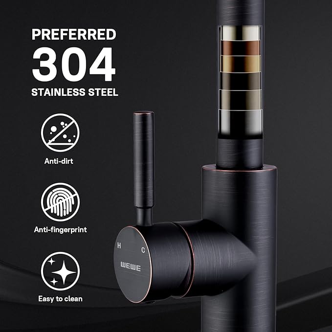 WEWE Kitchen faucets with Pull Down Sprayer Farmhouse Kitchen Faucet Oil Rubbed Bronze Commercial Modern high arc Stainless Steel Single Handle Single Hole for Utility rv Laundry Sinks