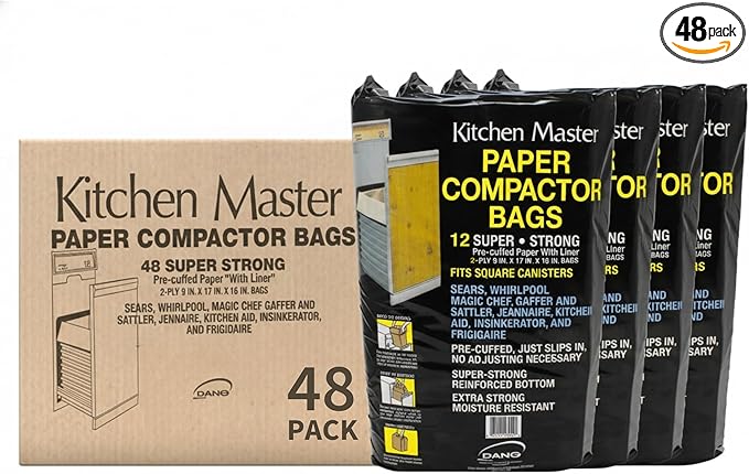 Kitchen Master Super Strong Compactor Bags (48 Pack) | Precuffed Garbage Compactor Bags Hardware for Kitchens Paper Trash Bag Kitchen Essential Paper &amp Plastic Lined