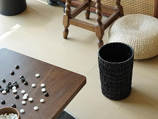 Wicker Trash CanSmall Trash CanHandwoven Waterproof Wicker Trash BasketRound Garbage CanCompact Waste Basket for BathroomBedroomOffice2 Gallon Black