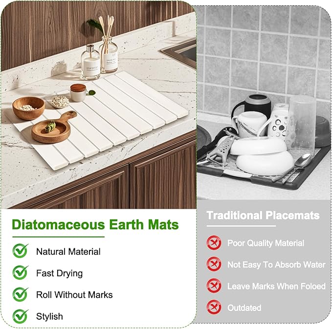 Foldable Stone Dish Drying Mat for Kitchen Counter24×16Fast Dry Pad Absorbent Countertop Mat Heat-resistant MatDiatomaceous Earth MatsWhite