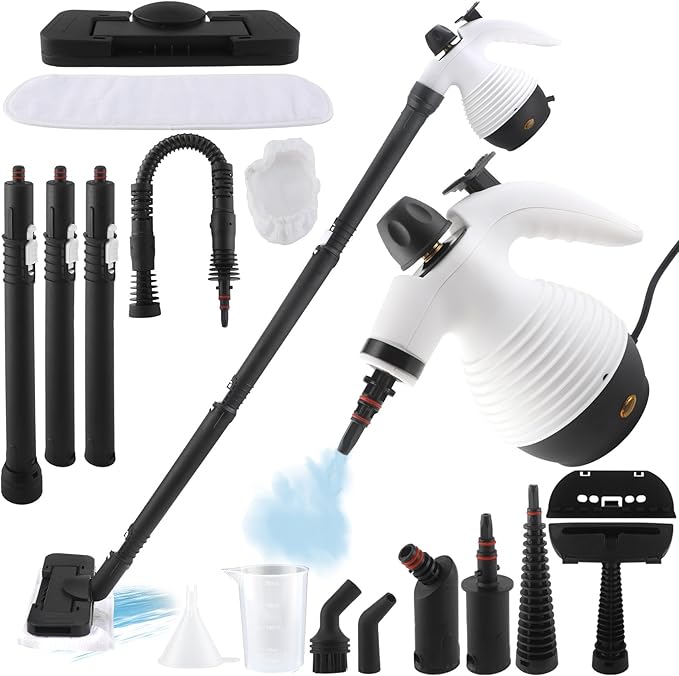 15-in-1 Multipurpose Steam Cleaner 1050W Handheld Steamer &amp Steam Mop with 16-Piece Kit 350ML Tank 30s Fast Heat-Up for Floors Windows Cars Bathroom Grills Sofa Cleaning(White)