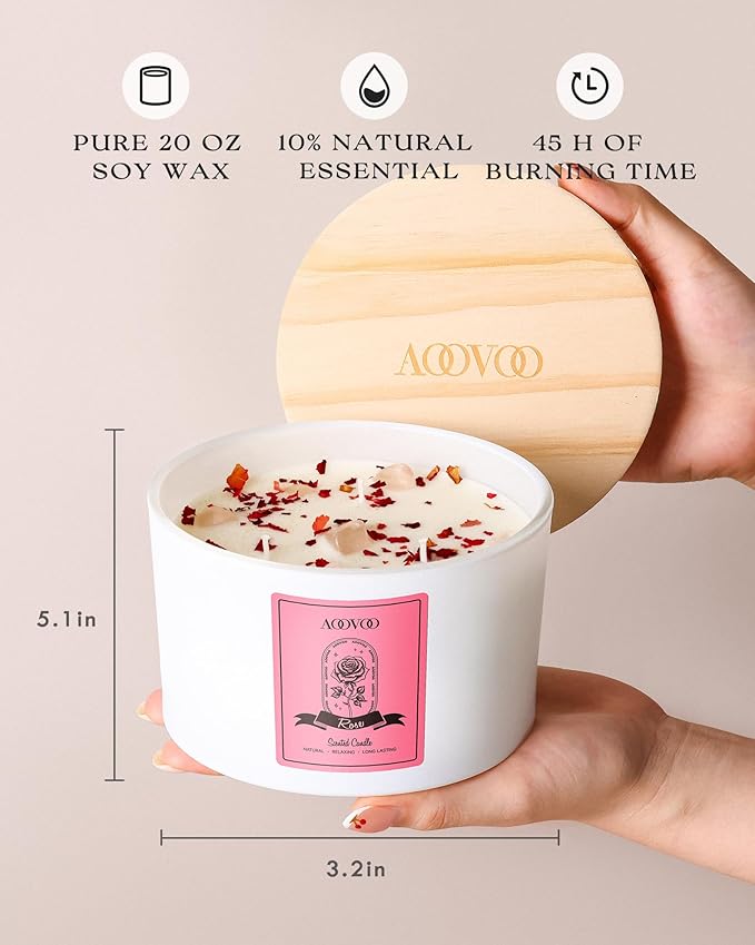 AOOVOO Rose Scented Candles for Women - 20oz 3 Wick Soy Candles for Home Scented Aromatherapy Candle with Crystals Inside Birthday Gifts Valentines Day Candle for Women Mom