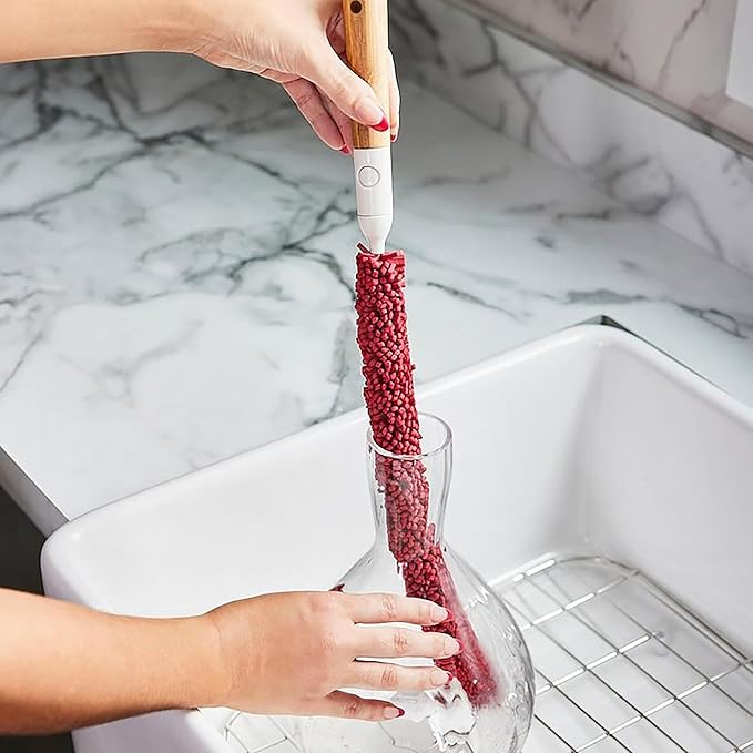Wine Enthusiast Interchangeable Glassware Cleaning Brush Set – 5-Piece Bamboo Handle with Specialized Brush Heads for Wine Glasses Decanters and Barware Cleaning