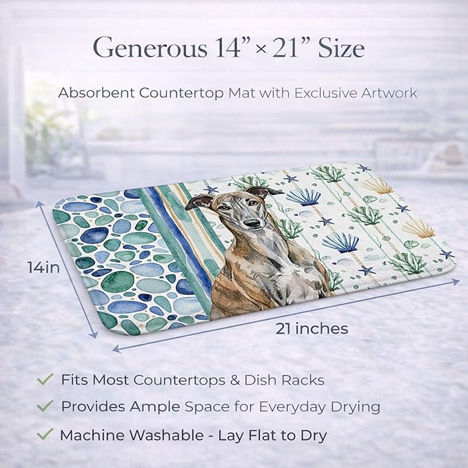 Caroline's Treasures Brindle Greyhound Coastal Sea Glass Dish Drying Mat Absorbent Dish Drying Mat Pad for Kitchen Counter Dish Drainer Mat for Countertop 14 x 21 Multicolor