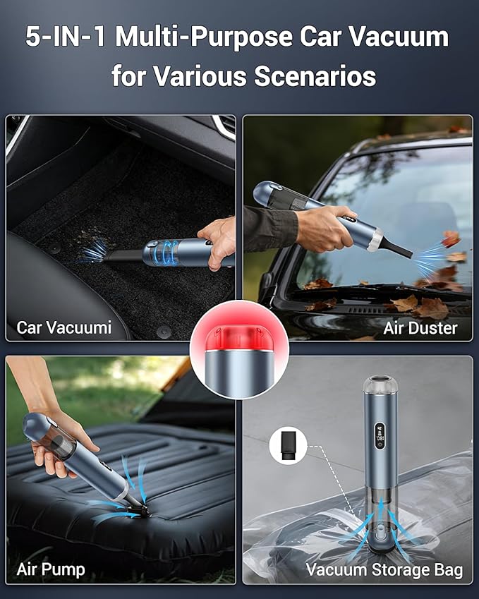 Handheld Vacuum Powerful 18000pa Car Vacuum with Brushless Motor Portable Hand Held Vacuum with 3 Speed Modes 5- in-1 Mini Cordless Vacuum Cleaner with White LED &amp Red Flash for home/Car/Office