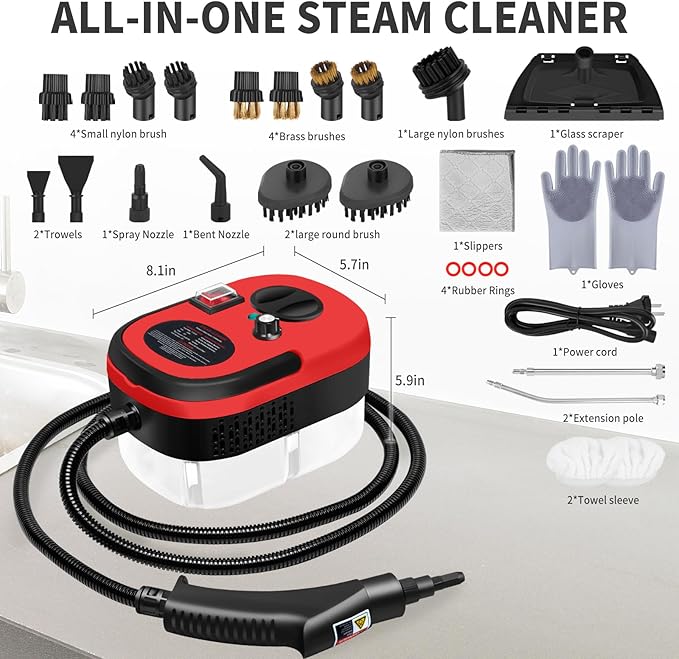 Steam Cleaner 6-gears Adjustable 15s Heat-Up 1.29 Quarts Tank Portable Steamer for Cleaning with 26 pcs Accessories Steam Cleaner for HomeDirt Grease Grout TileFloorCouch and Car