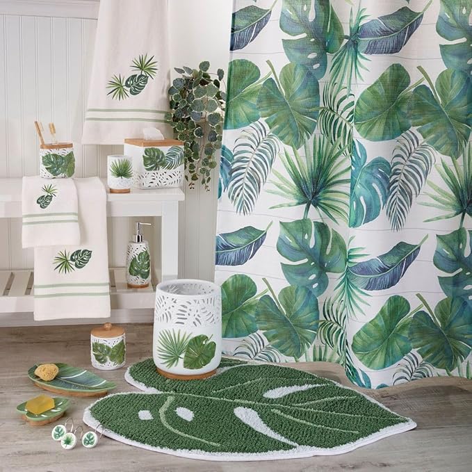 Avanti Linens - Accessory Set Resin Tumbler Toothbrush Holder Soap Dish &amp Lotion Pump/Soap Dispenser Tropical Bath Decor (Viva Palm Collection White)