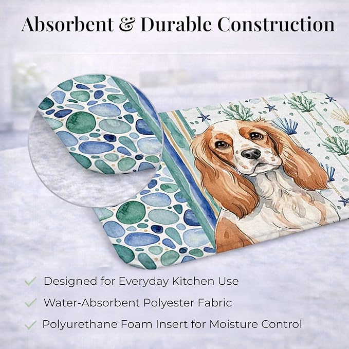 Caroline's Treasures Blenheim Cavalier Spaniel Coastal Sea Glass Dish Drying Mat Absorbent Dish Drying Mat Pad for Kitchen Counter Dish Drainer Mat for Countertop 14 x 21 Multicolor