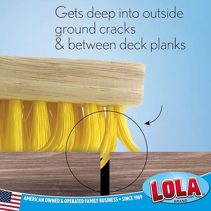 LOLA Deck Scrub Brush Outdoor Broom Durable Bristles Remove Dirt Grime Grout Leaves Snow on Patios Decks Wet or Dry 2 Pack